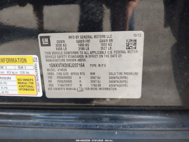 45528299 :رقم المزاد ، 1GKKVTKD9EJ207164 vin ، 2014 Gmc Acadia Denali مزاد بيع