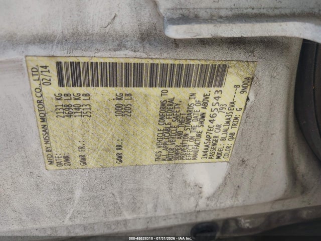 Продаж на аукціоні авто 2014 Nissan Maxima 3.5 Sv, vin: 1N4AA5AP7EC465543, номер лоту: 45528310