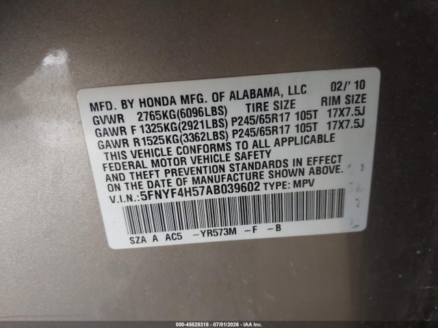 Продаж на аукціоні авто 2010 Honda Pilot Ex-l, vin: 5FNYF4H57AB039602, номер лоту: 45528318