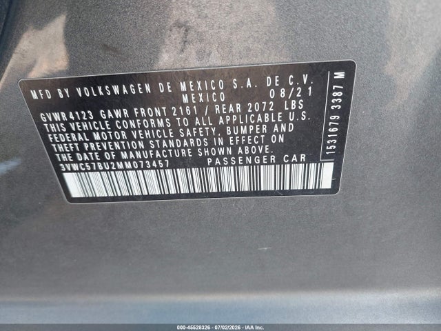 2021 Volkswagen Jetta 1.4t R-line/1.4t Se/s მანქანა იყიდება აუქციონზე, vin: 3VWC57BU2MM073457, აუქციონის ნომერი: 45528326