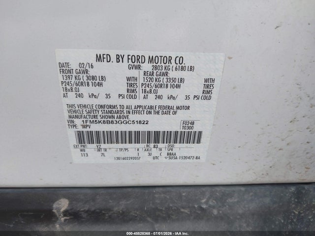1FM5K8B83GGC51822 Ford Explorer