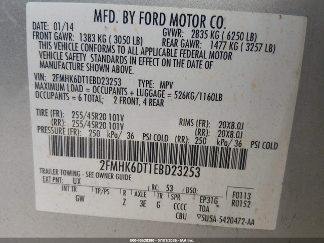 Продажа на аукционе авто 2014 Ford Flex Limited, vin: 2FMHK6DT1EBD23253, номер лота: 45528380