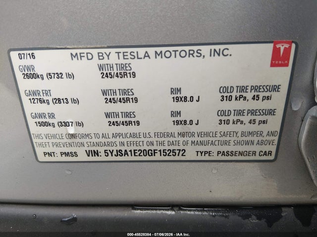 Aukcja sprzedaży 2016 Tesla Model S, vin: 5YJSA1E20GF152572, numer aukcji: 45528384