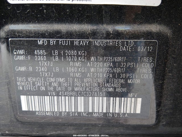 45528393 :رقم المزاد ، 4S4BRBLC7C3278151 vin ، 2012 Subaru Outback 2.5i Limited مزاد بيع