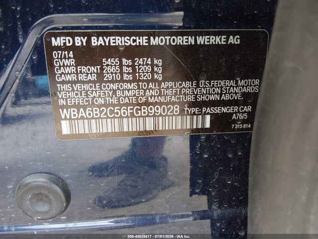 2015 Bmw 650i Gran Coupe მანქანა იყიდება აუქციონზე, vin: WBA6B2C56FGB99028, აუქციონის ნომერი: 45528417