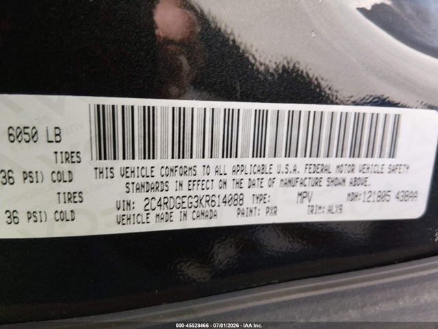 Aukcja sprzedaży 2019 Dodge Grand Caravan Gt, vin: 2C4RDGEG3KR614088, numer aukcji: 45528466