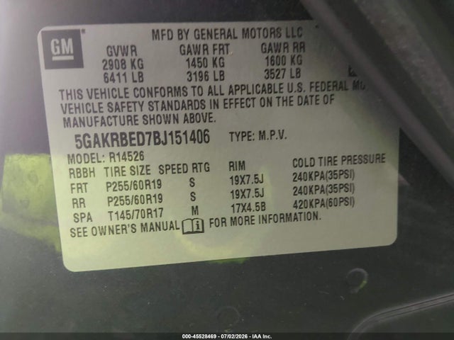 Auction sale of the 2011 Buick Enclave 1xl, vin: 5GAKRBED7BJ151406, lot number: 45528469