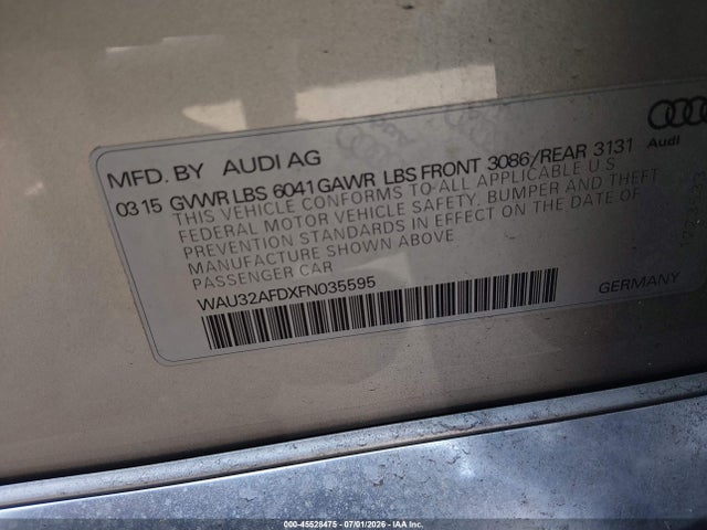 45528475 :رقم المزاد ، WAU32AFDXFN035595 vin ، 2015 Audi A8 L 4.0t مزاد بيع