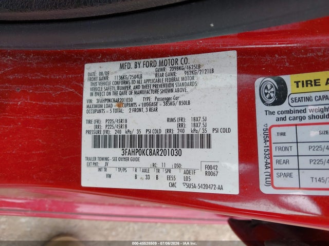 2010 Ford Fusion Sport მანქანა იყიდება აუქციონზე, vin: 3FAHP0KC8AR201030, აუქციონის ნომერი: 45528509