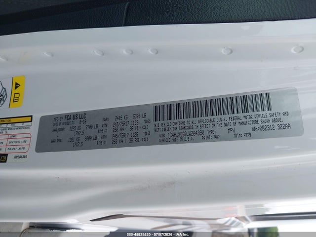 Продажа на аукционе авто 2018 Jeep Wrangler Unlimited Sport S 4x4, vin: 1C4HJXDG0JW284390, номер лота: 45528520