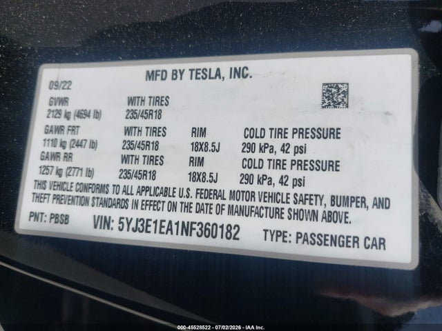 45528522 :رقم المزاد ، 5YJ3E1EA1NF360182 vin ، 2022 Tesla Model 3 Rear-wheel Drive مزاد بيع