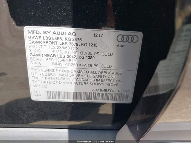 Aukcja sprzedaży 2018 Audi Q5 2.0t Premium/2.0t Tech Premium, vin: WA1BNBFY4J2103926, numer aukcji: 45528545