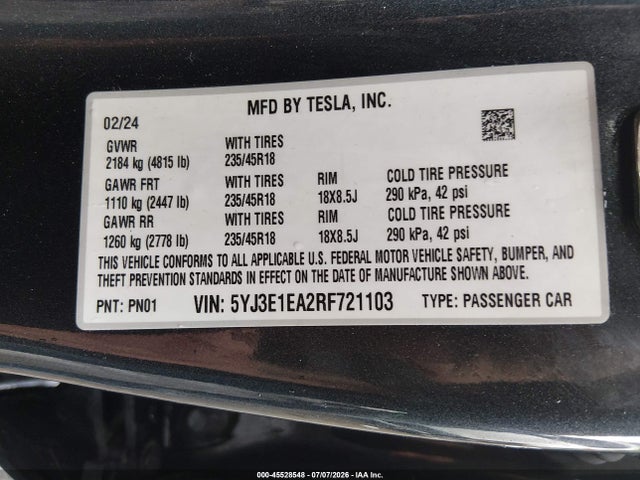 Продаж на аукціоні авто 2024 Tesla Model 3, vin: 5YJ3E1EA2RF721103, номер лоту: 45528548