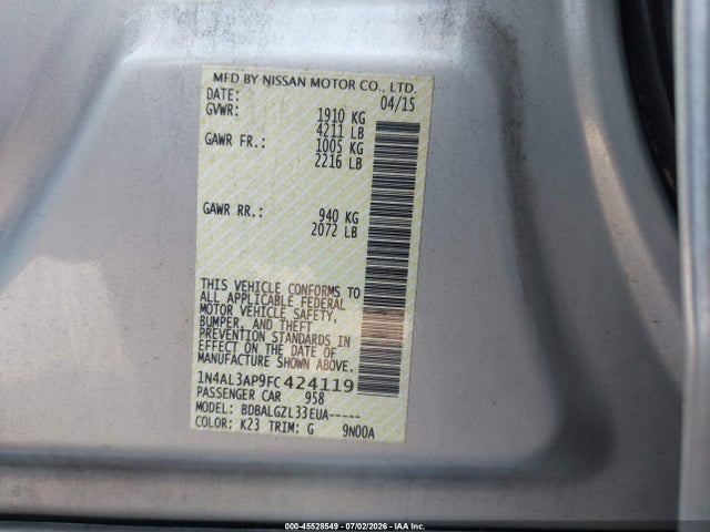 1N4AL3AP9FC424119 Nissan Altima 2.5/2.5 S/2.5 Sl/2.5 Sv