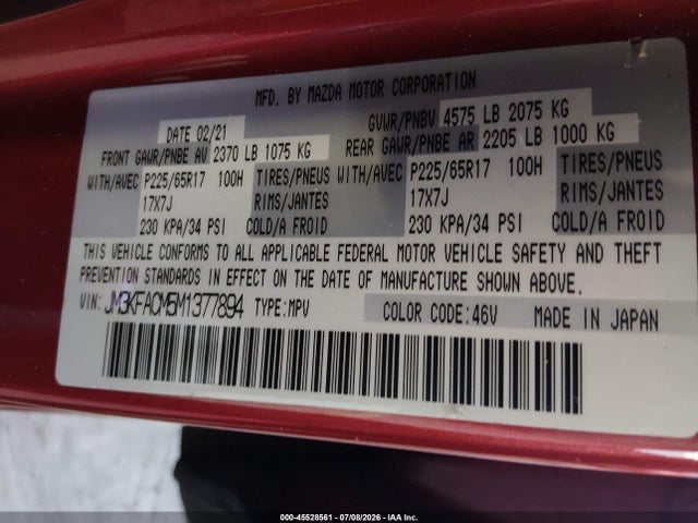 2021 Mazda Cx-5 Touring მანქანა იყიდება აუქციონზე, vin: JM3KFACM5M1377894, აუქციონის ნომერი: 45528561