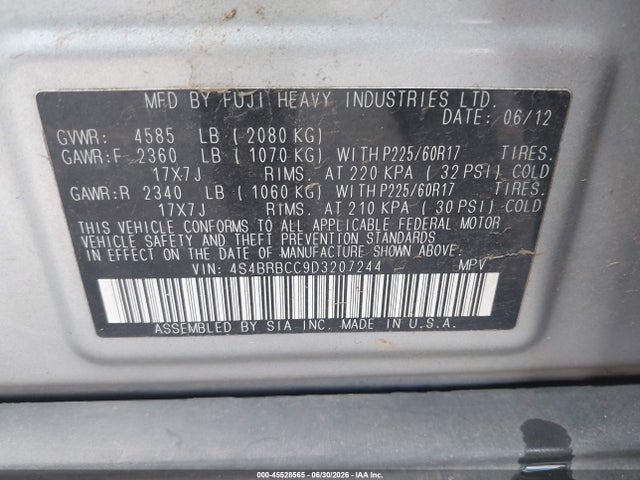 2013 Subaru Outback 2.5i Premium მანქანა იყიდება აუქციონზე, vin: 4S4BRBCC9D3207244, აუქციონის ნომერი: 45528565