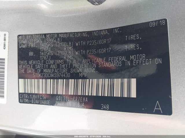 5TDKZ3DCXKS974430 Toyota Sienna Le 8 Passenger