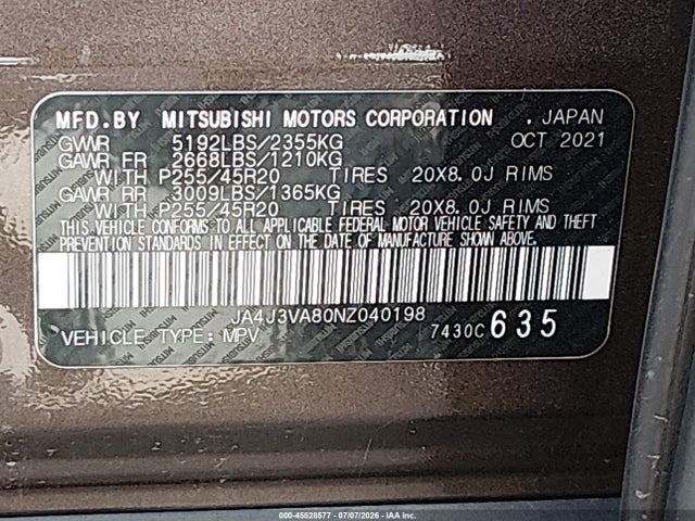 2022 Mitsubishi Outlander Sel 2.5 2wd/sel Special Edition 2wd მანქანა იყიდება აუქციონზე, vin: JA4J3VA80NZ040198, აუქციონის ნომერი: 45528577