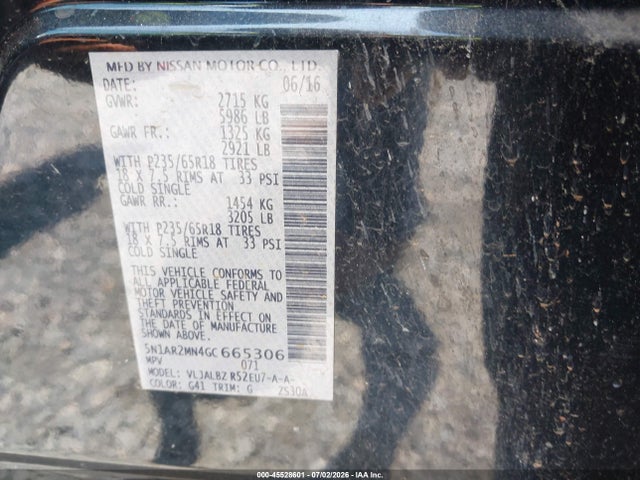 Продаж на аукціоні авто 2016 Nissan Pathfinder S, vin: 5N1AR2MN4GC665306, номер лоту: 45528601