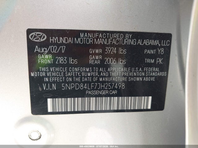 5NPD84LF7JH257498 Hyundai ELANTRA SEL