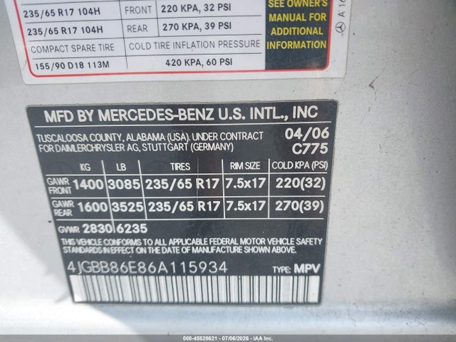 Aukcja sprzedaży 2006 Mercedes-benz Ml 350 4matic, vin: 4JGBB86E86A115934, numer aukcji: 45528621