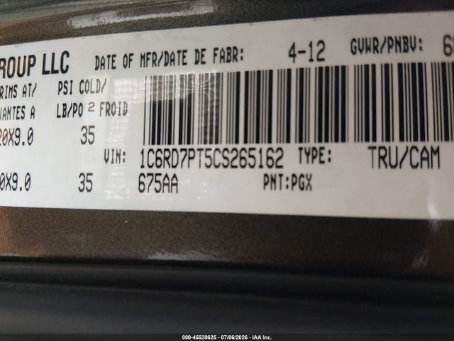 Aukcja sprzedaży 2012 Ram 1500 Laramie Longhorn, vin: 1C6RD7PT5CS265162, numer aukcji: 45528625