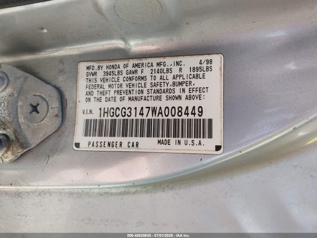 Продажа на аукционе авто 1998 Honda Accord Lx, vin: 1HGCG3147WA008449, номер лота: 45528635