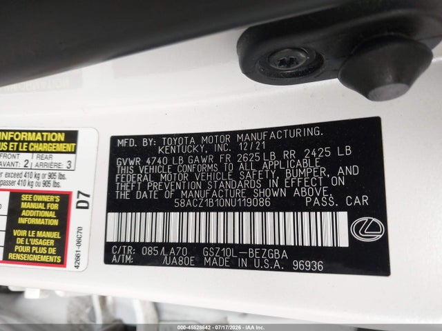 Auction sale of the 2022 Lexus Es 350, vin: 58ACZ1B10NU119086, lot number: 45528642
