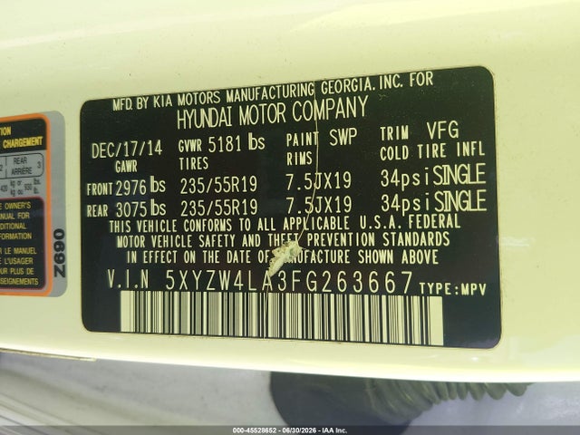 Продажа на аукционе авто 2015 Hyundai Santa Fe Sport 2.0l Turbo, vin: 5XYZW4LA3FG263667, номер лота: 45528652