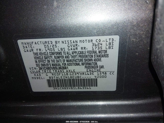 Aukcja sprzedaży 2025 Nissan Versa 1.6 S, vin: 3N1CN8DV8SL863561, numer aukcji: 45528666