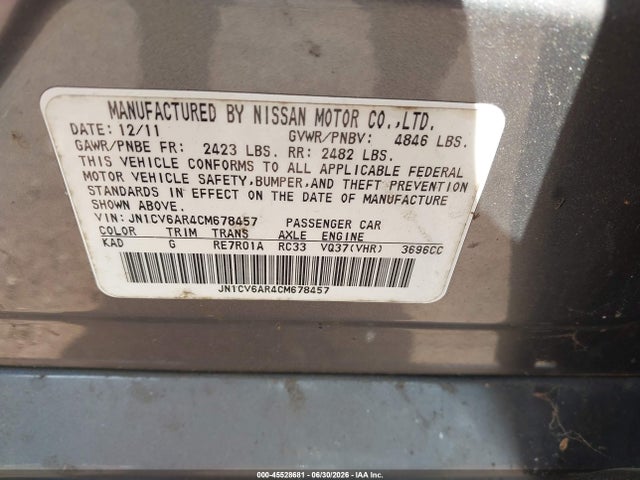 2012 Infiniti G37x მანქანა იყიდება აუქციონზე, vin: JN1CV6AR4CM678457, აუქციონის ნომერი: 45528681