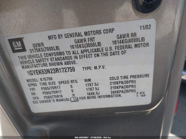 Продажа на аукционе авто 2003 Cadillac Escalade Standard, vin: 1GYEK63N23R172759, номер лота: 45528697