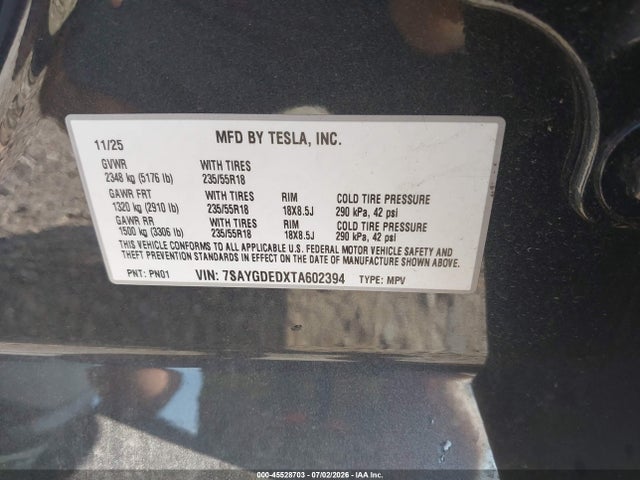 Продаж на аукціоні авто 2026 Tesla Model Y, vin: 7SAYGDEDXTA602394, номер лоту: 45528703