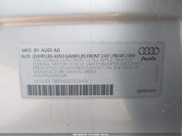 Aukcja sprzedaży 2006 Audi A4 2.0t, vin: WAUEF78EX6A032645, numer aukcji: 45528704
