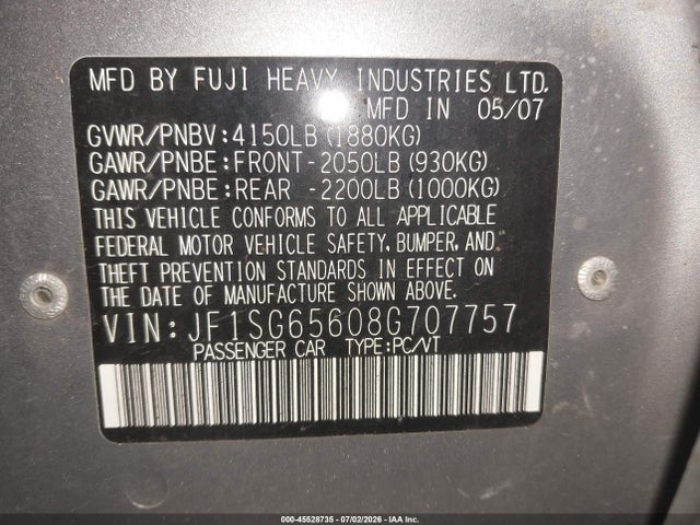 Aukcja sprzedaży 2008 Subaru Forester 2.5x, vin: JF1SG65608G707757, numer aukcji: 45528735