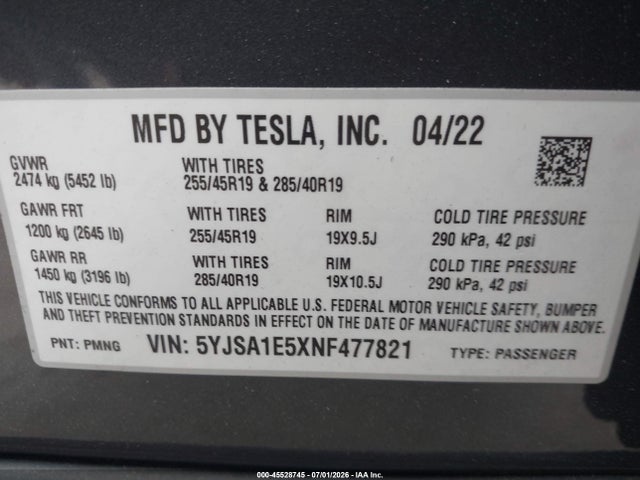 5YJSA1E5XNF477821 Tesla Model S Dual Motor All-wheel Drive
