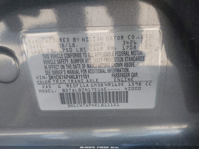 3N1CN7AP4KL811151 Nissan Versa 1.6 Sv