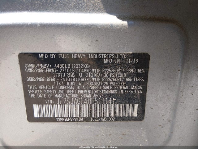 45528756 :رقم المزاد ، JF2SJAGC4HH511141 vin ، 2017 Subaru Forester 2.5i Premium مزاد بيع