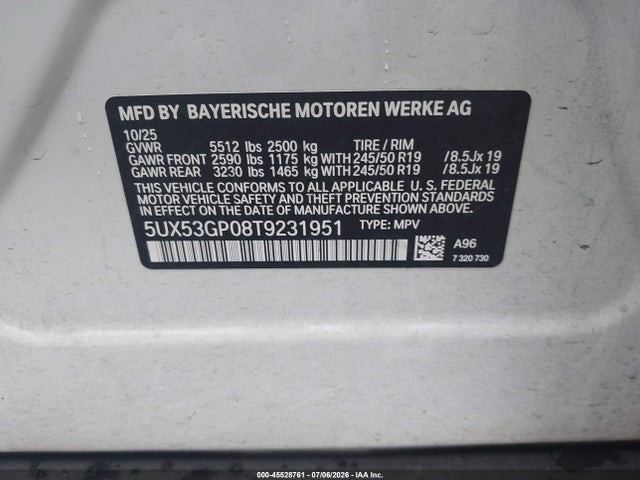 2026 Bmw X3 30 Xdrive მანქანა იყიდება აუქციონზე, vin: 5UX53GP08T9231951, აუქციონის ნომერი: 45528761