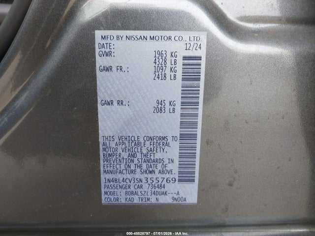 1N4BL4CV3SN355769 Nissan Altima Sr Fwd