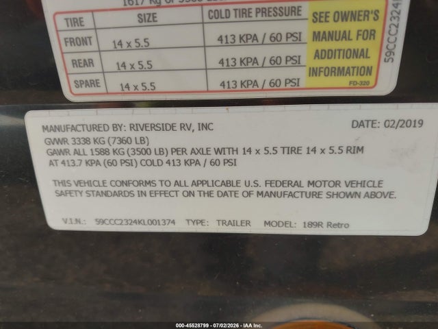 Auction sale of the 2019 Riverside Travel Trailer, vin: 59CCC2324KL001374, lot number: 45528799