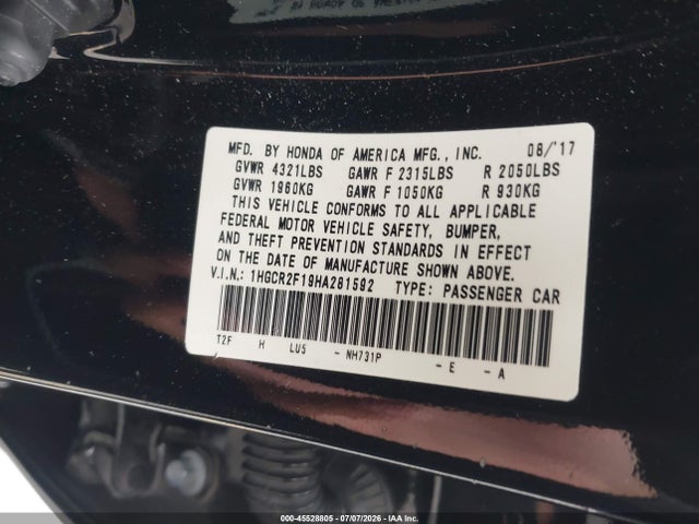 1HGCR2F19HA281592 Honda Accord Sport Se