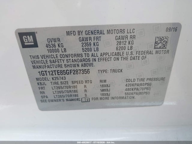 Продаж на аукціоні авто 2016 Gmc Sierra 2500hd Slt, vin: 1GT12TE85GF287356, номер лоту: 45528817
