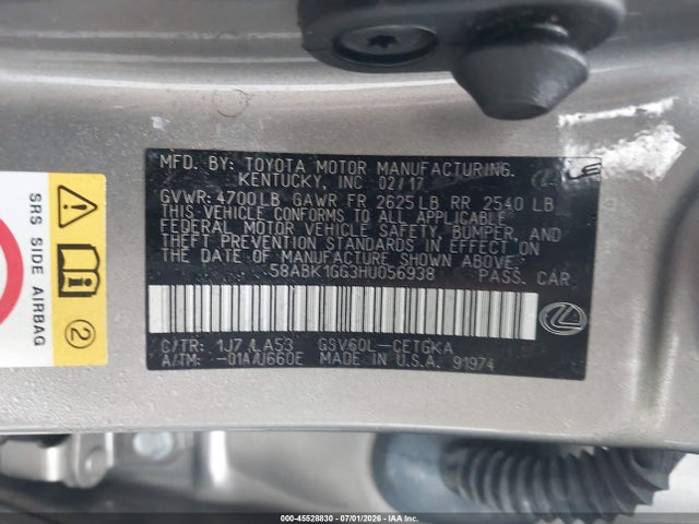 Aukcja sprzedaży 2017 Lexus Es 350, vin: 58ABK1GG3HU056938, numer aukcji: 45528830