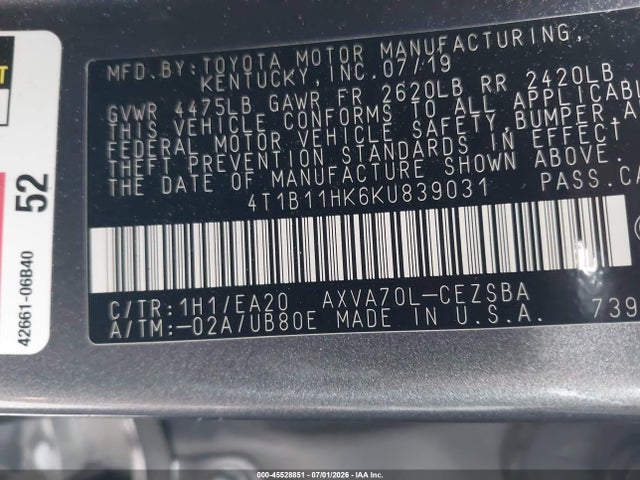4T1B11HK6KU839031 Toyota CAMRY SE