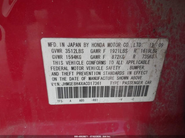 Продажа на аукционе авто 2010 Honda Fit Sport, vin: JHMGE8H4XAC017361, номер лота: 45528871