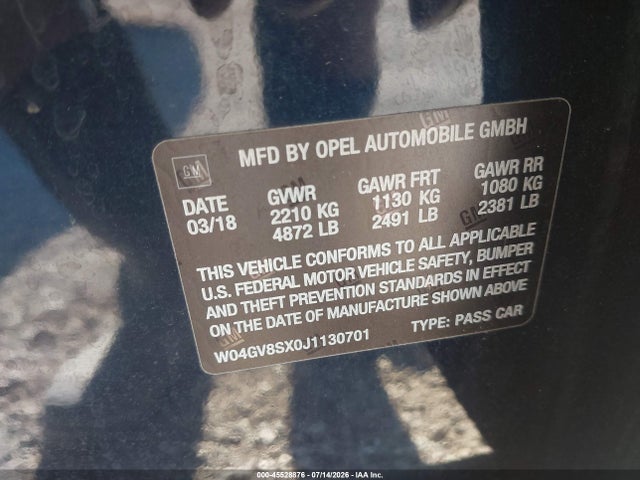 45528876 :رقم المزاد ، W04GV8SX0J1130701 vin ، 2018 Buick Regal Tourx Essence مزاد بيع