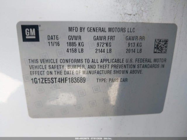 45528878 :رقم المزاد ، 1G1ZE5ST4HF183689 vin ، 2017 Chevrolet Malibu 1lt مزاد بيع