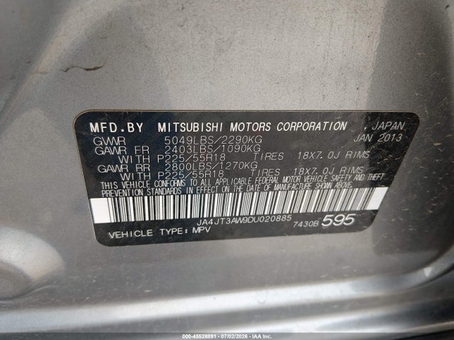 45528891 :رقم المزاد ، JA4JT3AW9DU020885 vin ، 2013 Mitsubishi Outlander Se مزاد بيع