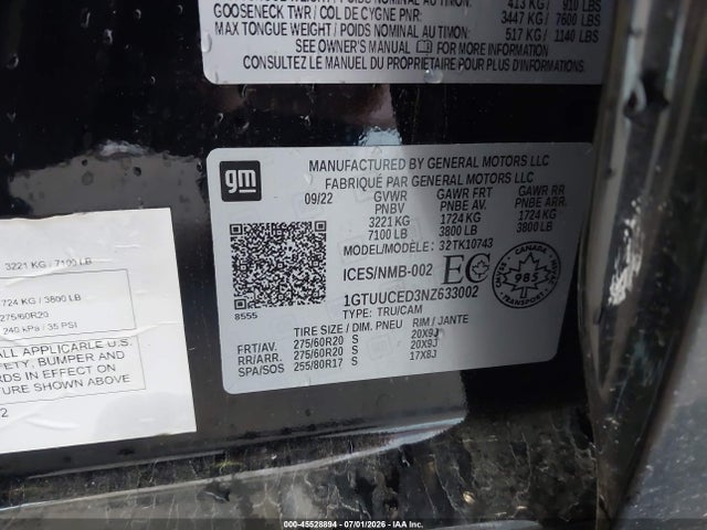 2022 Gmc Sierra 1500 Elevation მანქანა იყიდება აუქციონზე, vin: 1GTUUCED3NZ633002, აუქციონის ნომერი: 45528894